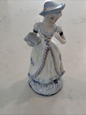 Porcelain Victorian Lady Figurine in White and Blue 7.5".